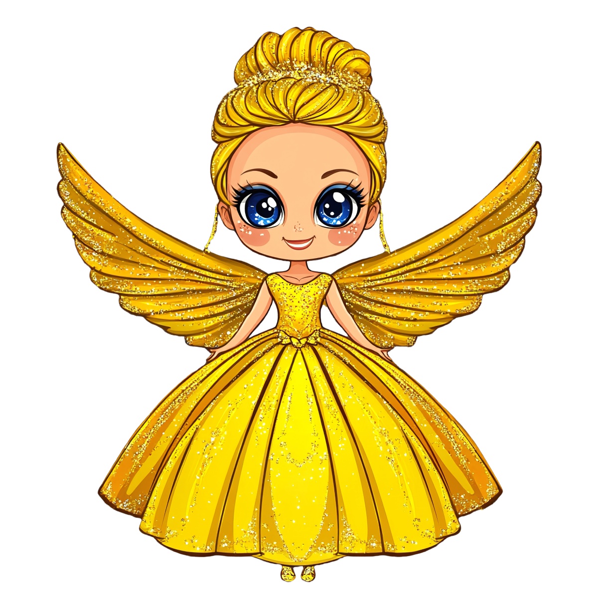 Cartoon fairy character with golden wings and a sparkling golden dress.