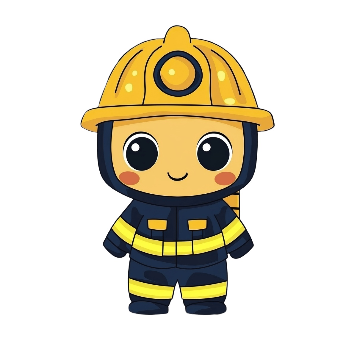 Cartoon firefighter character wearing a yellow helmet and uniform standing upright.