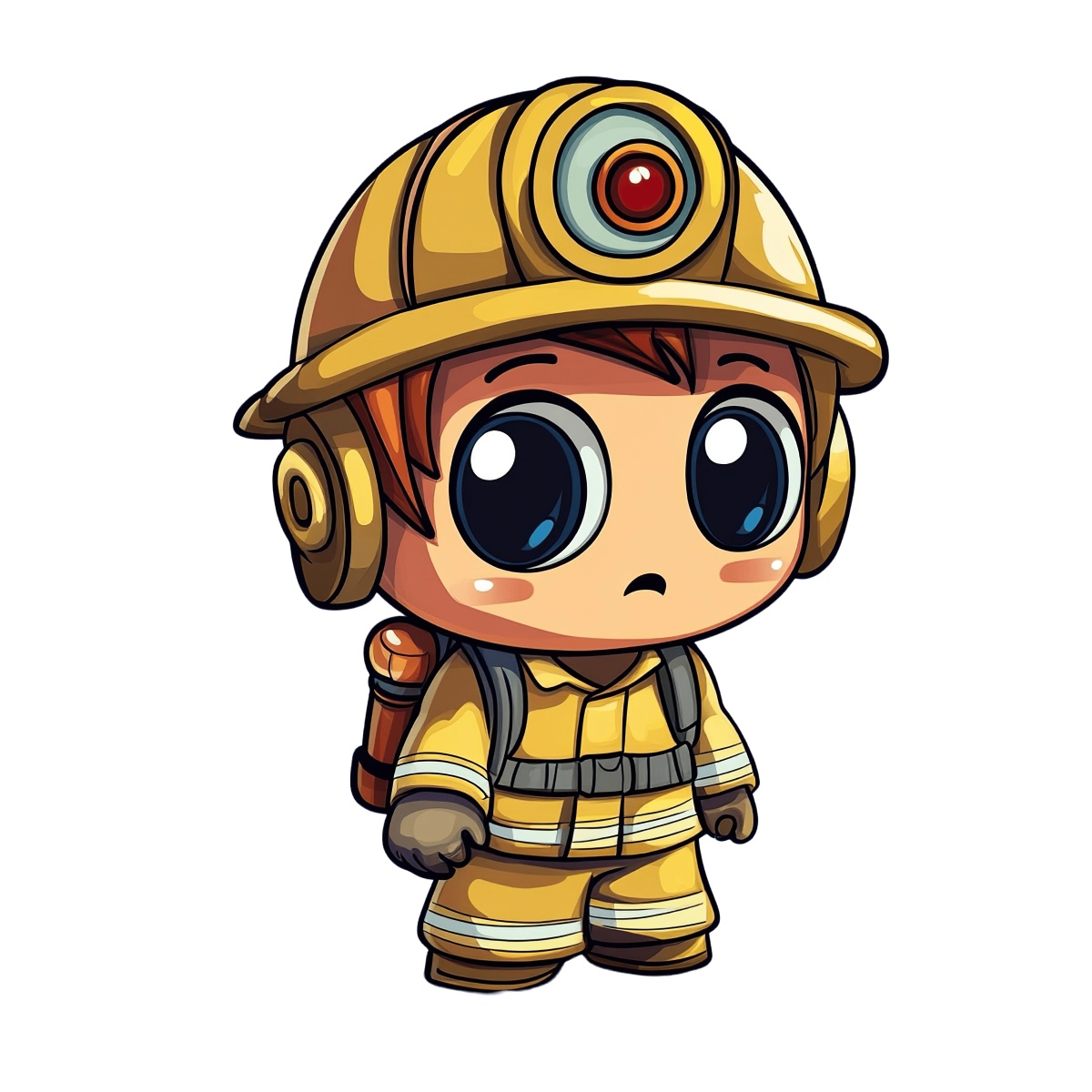 Cartoon firefighter character in yellow gear with helmet and equipment.