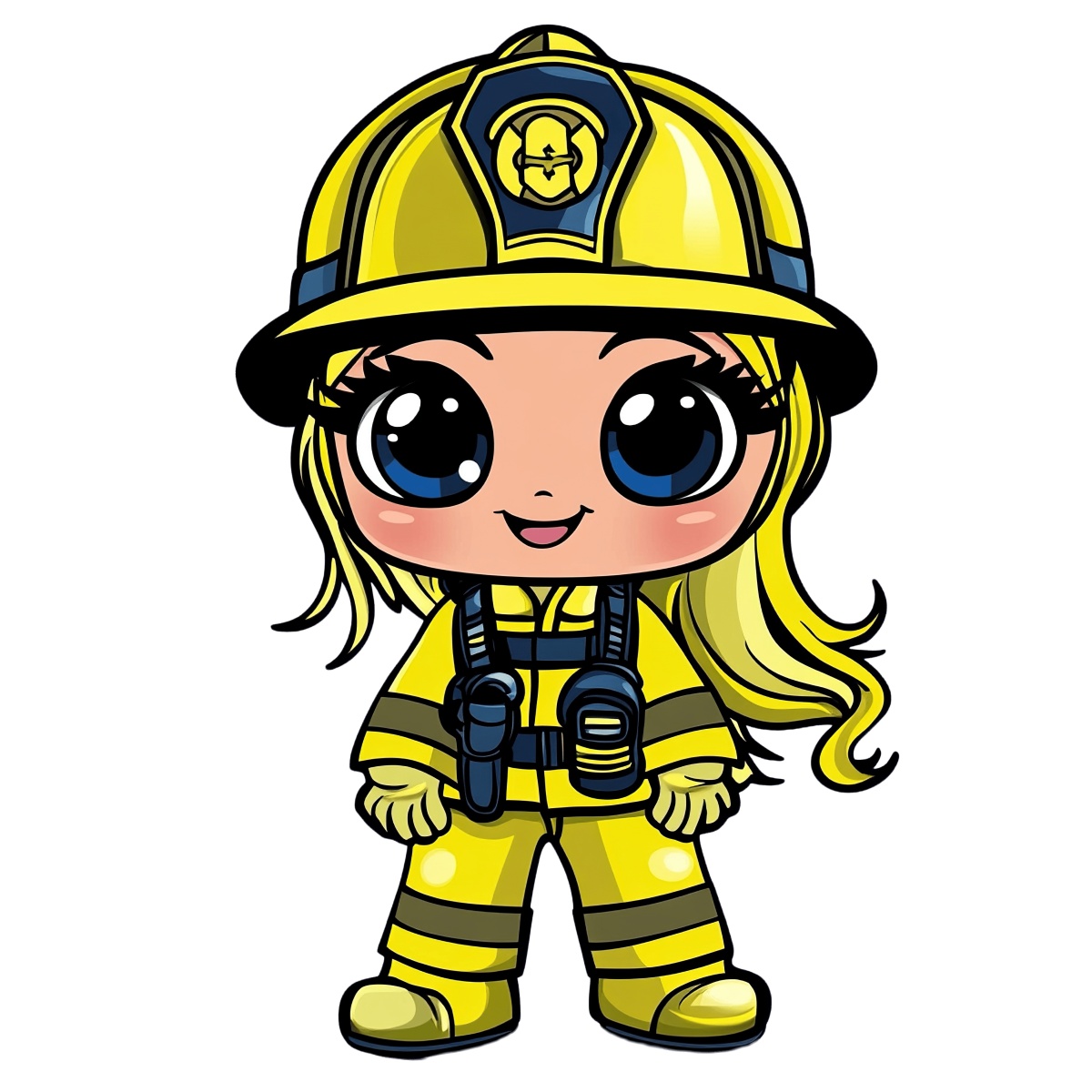 Cartoon firefighter character in yellow gear with helmet and smiling expression.