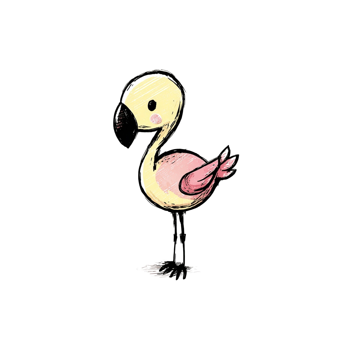 Cartoon flamingo with yellow body and pink wings, black beak.