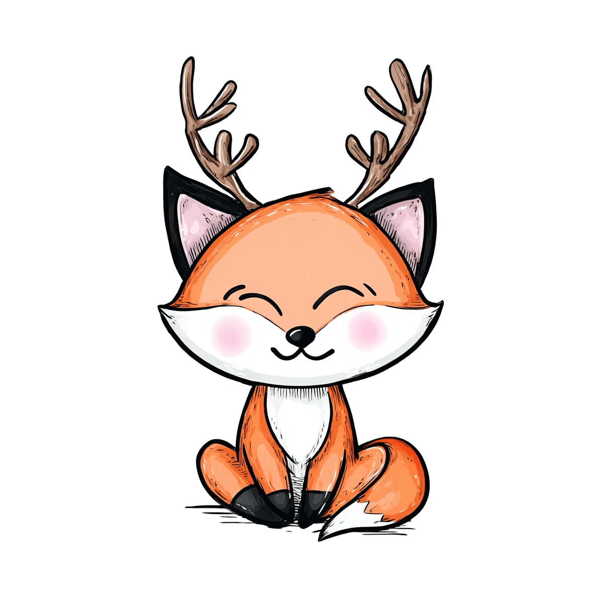 Cartoon fox with antlers sitting in a simple style.