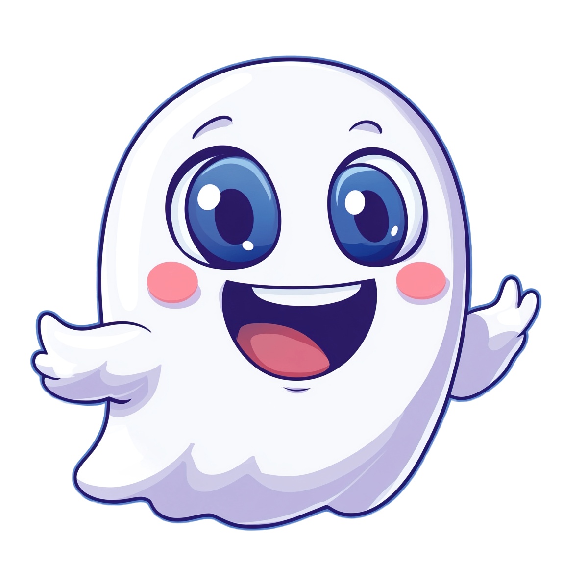 Cartoon ghost with big eyes and open arms on a transparent background.