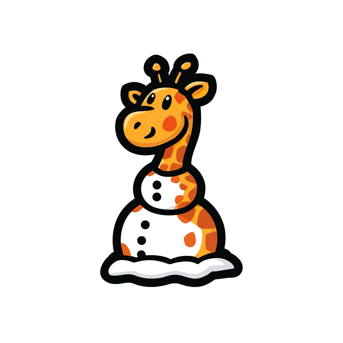 Giraffe styled as a snowman with orange spots and buttons.