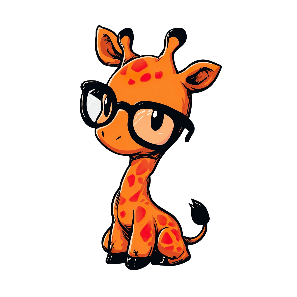 Cartoon giraffe with large glasses, orange with spots, sitting.