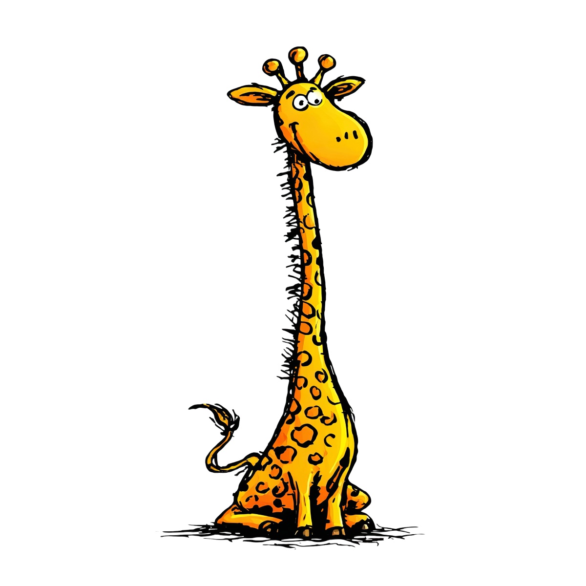 Cartoon giraffe illustration with long neck and spotted pattern.