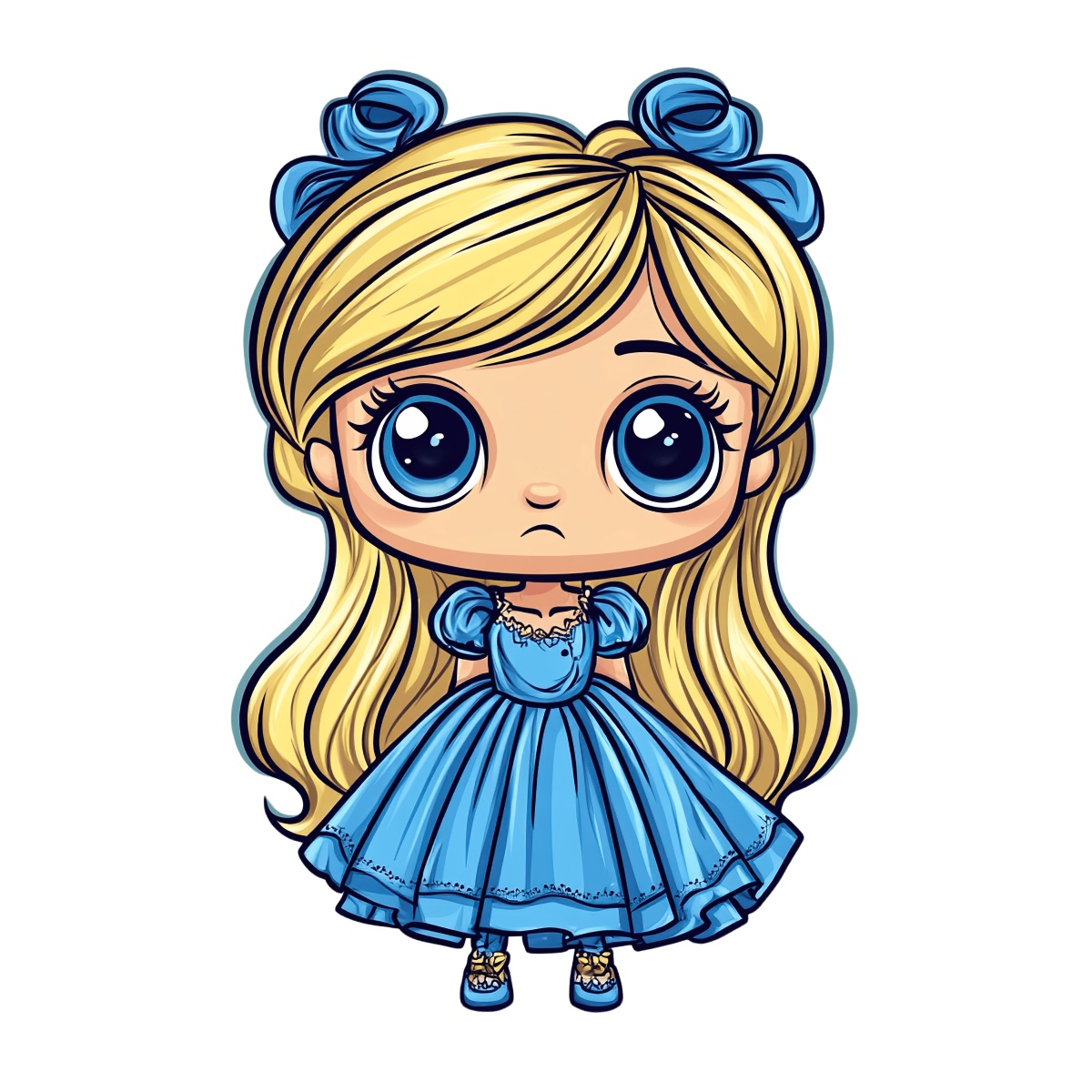 Cartoon girl with large eyes, wearing a blue dress and bows.