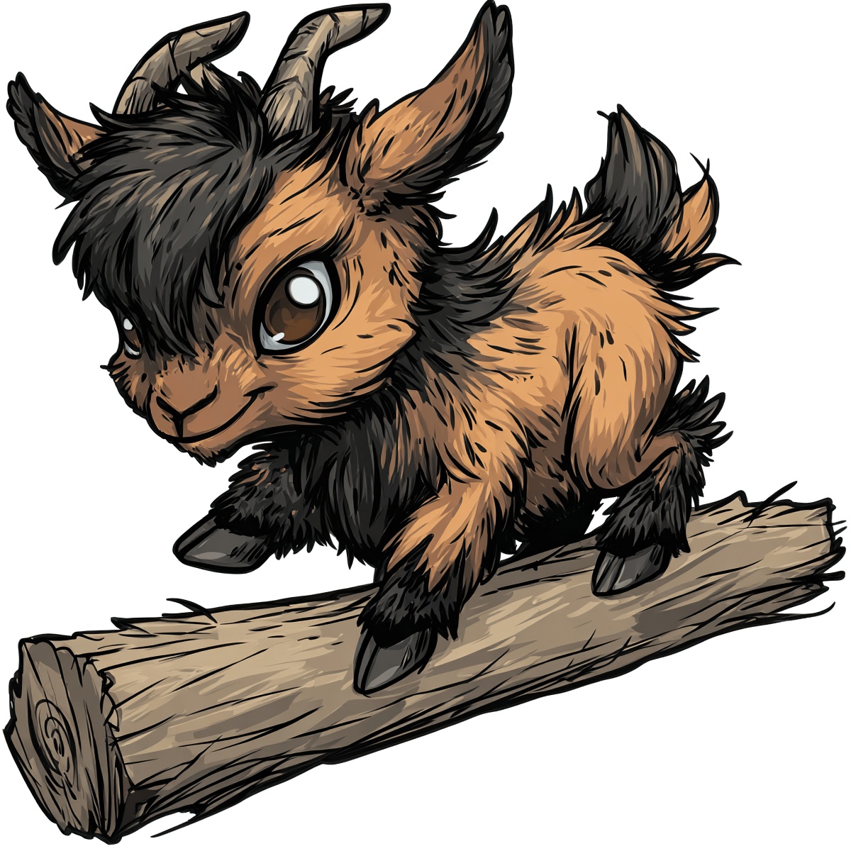 Cartoon goat balancing on a log with black and brown fur.