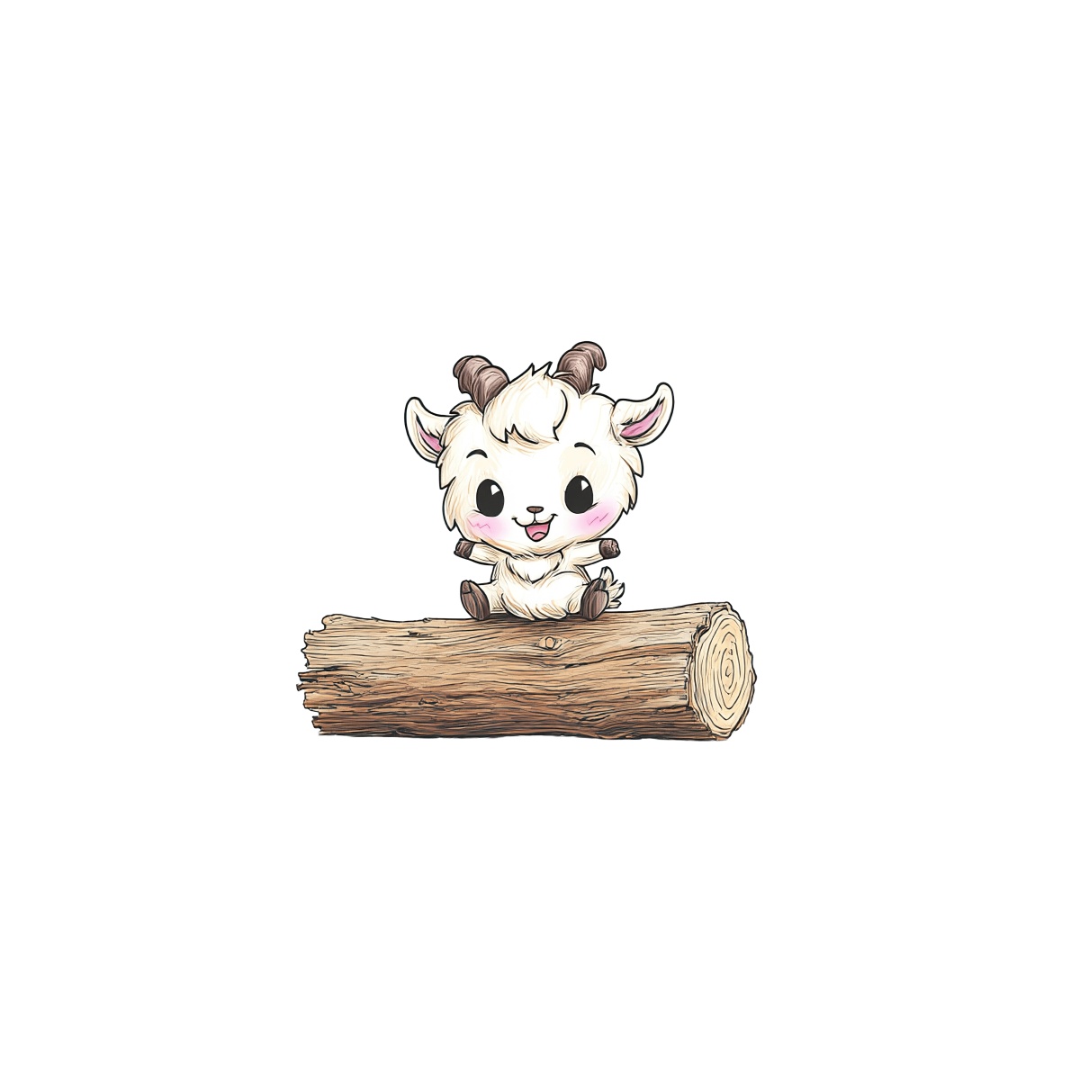 Cartoon goat sitting on a wooden log, facing forward.