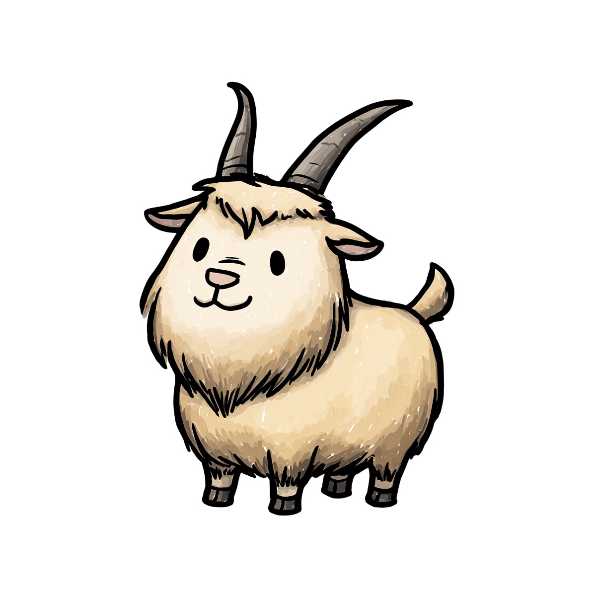 Cartoon goat with black horns and beige fur standing alone.