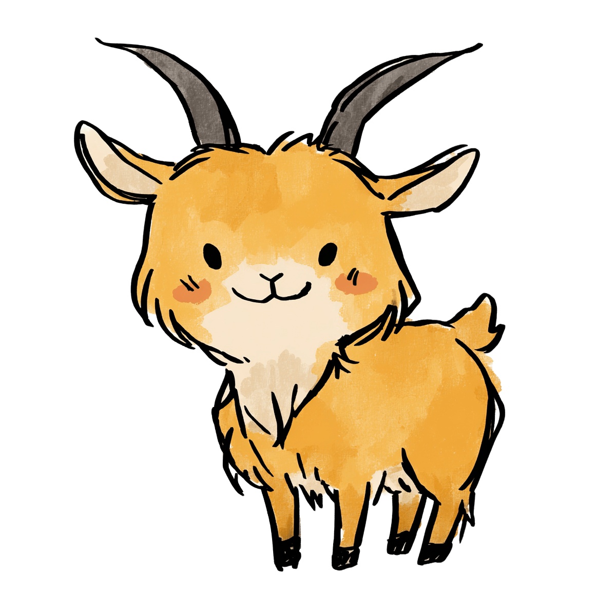 Cartoon goat with horns in brown color, clipart style.