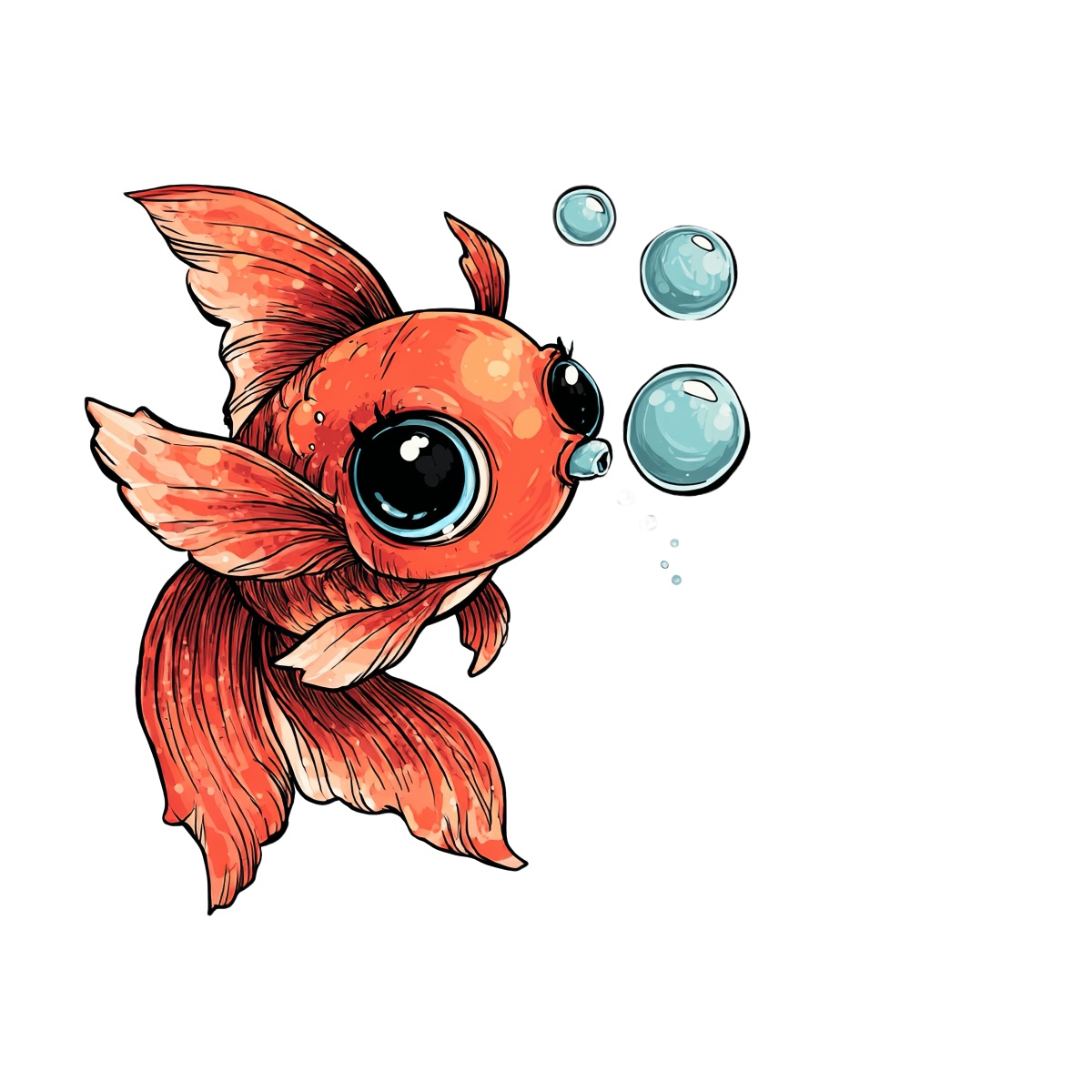 Orange cartoon goldfish swimming with bubbles on black background.
