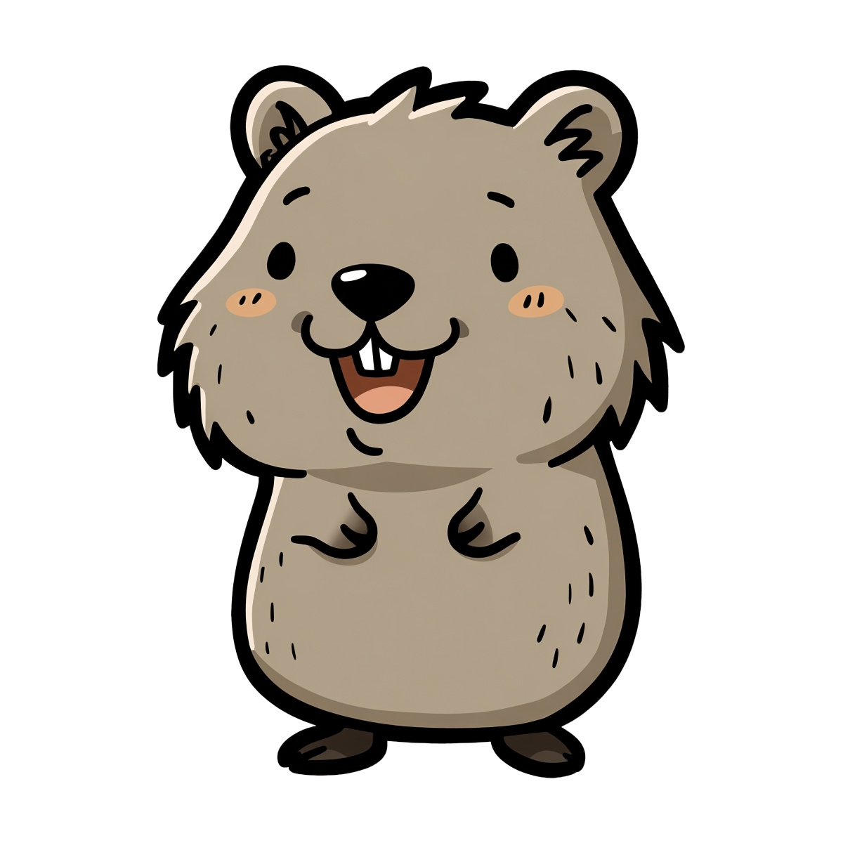 Cartoon groundhog with neutral tones, bold outlines, and distinct teeth.