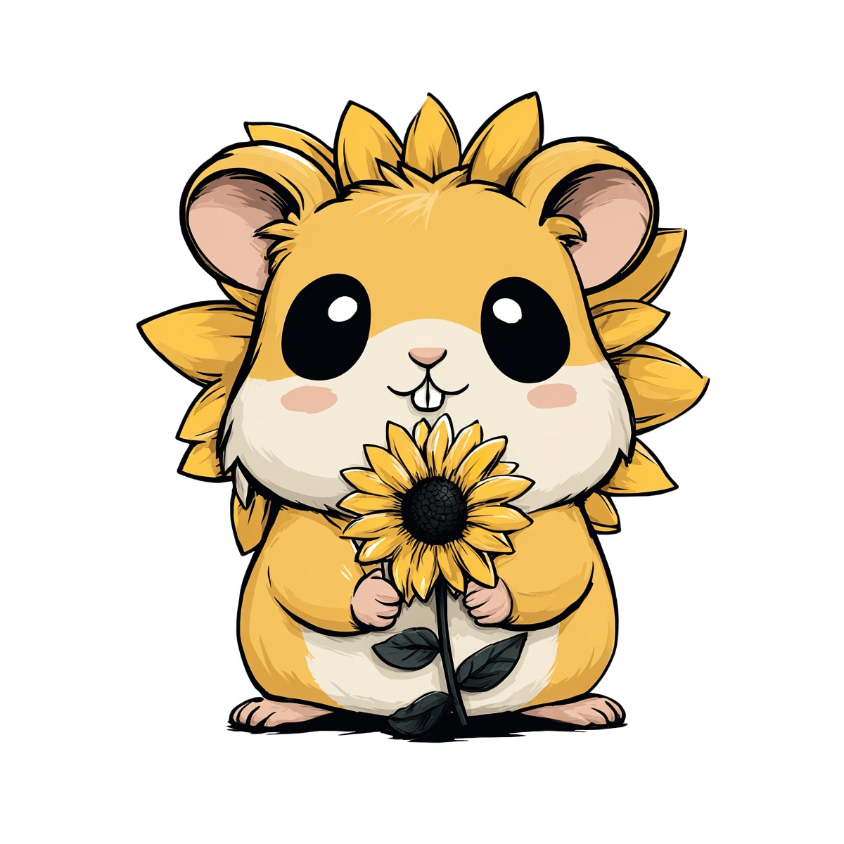 Cartoon hamster holding a sunflower with petals around its head.
