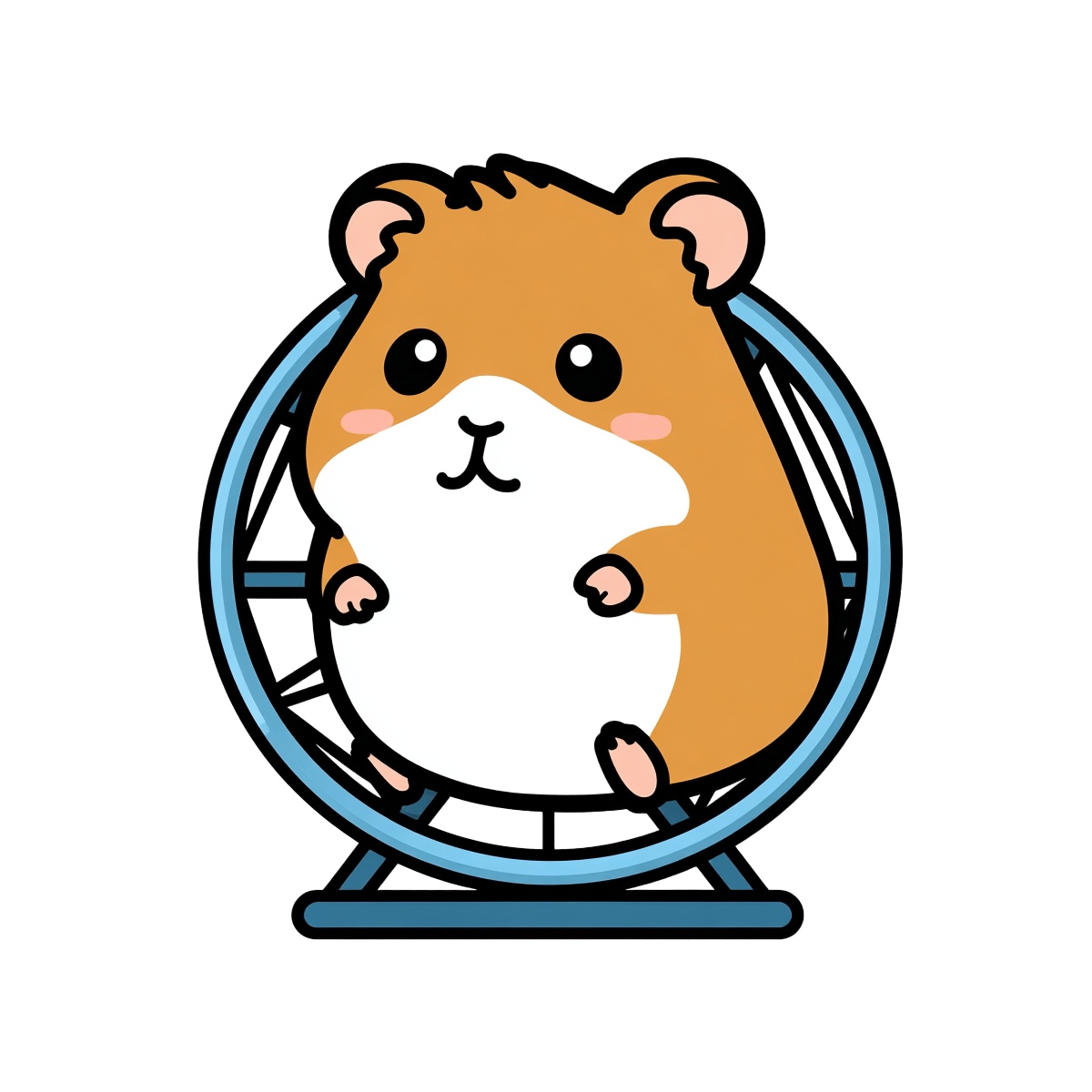 Cartoon brown hamster running on a blue exercise wheel.