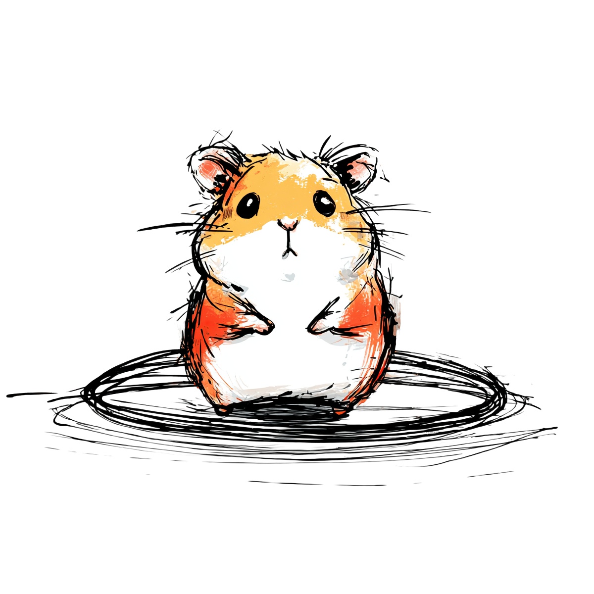 Illustrated hamster with orange and white coloring, in scribble style.