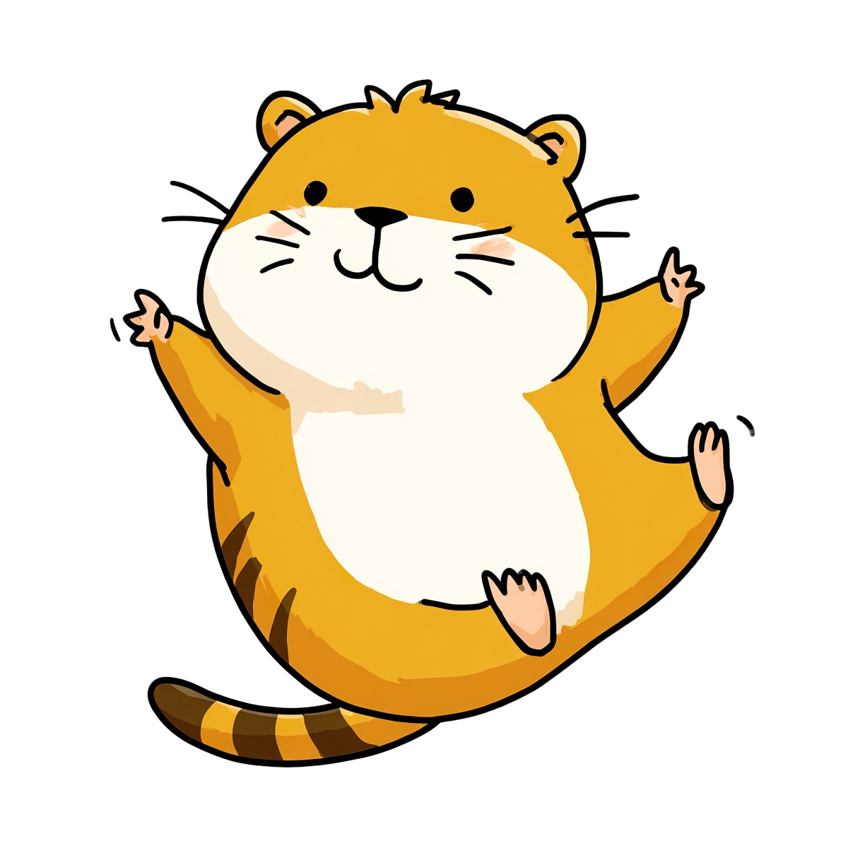 Orange cartoon hamster with white belly and striped tail, arms raised.
