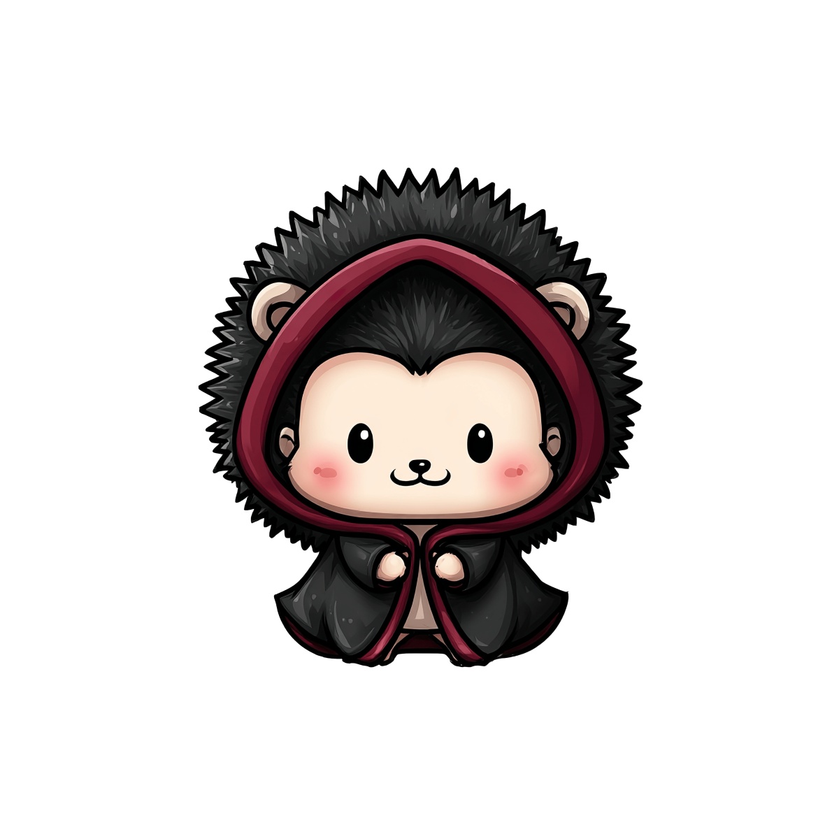 Cartoon hedgehog wearing a hooded cloak with spiky back visible.