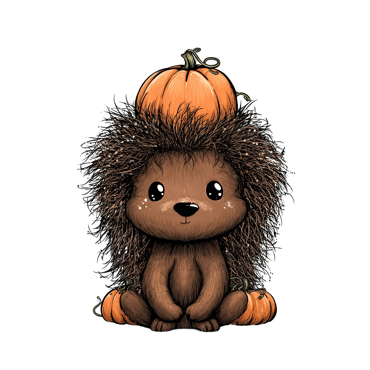 Cartoon hedgehog with a pumpkin on its head and more pumpkins around.