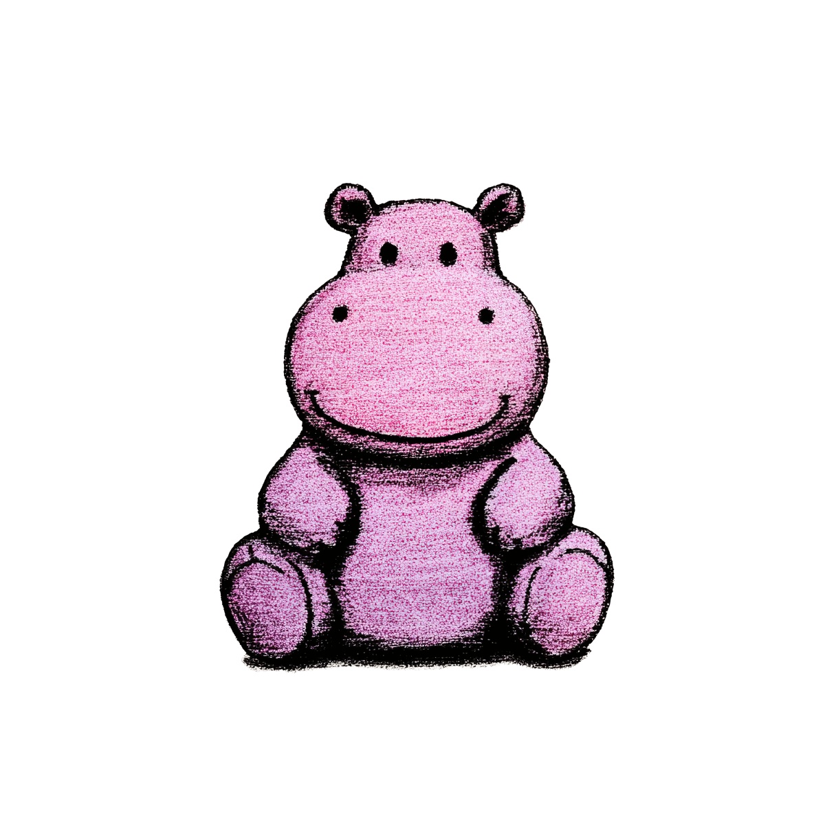 Cartoon hippo in pink on a solid black background.
