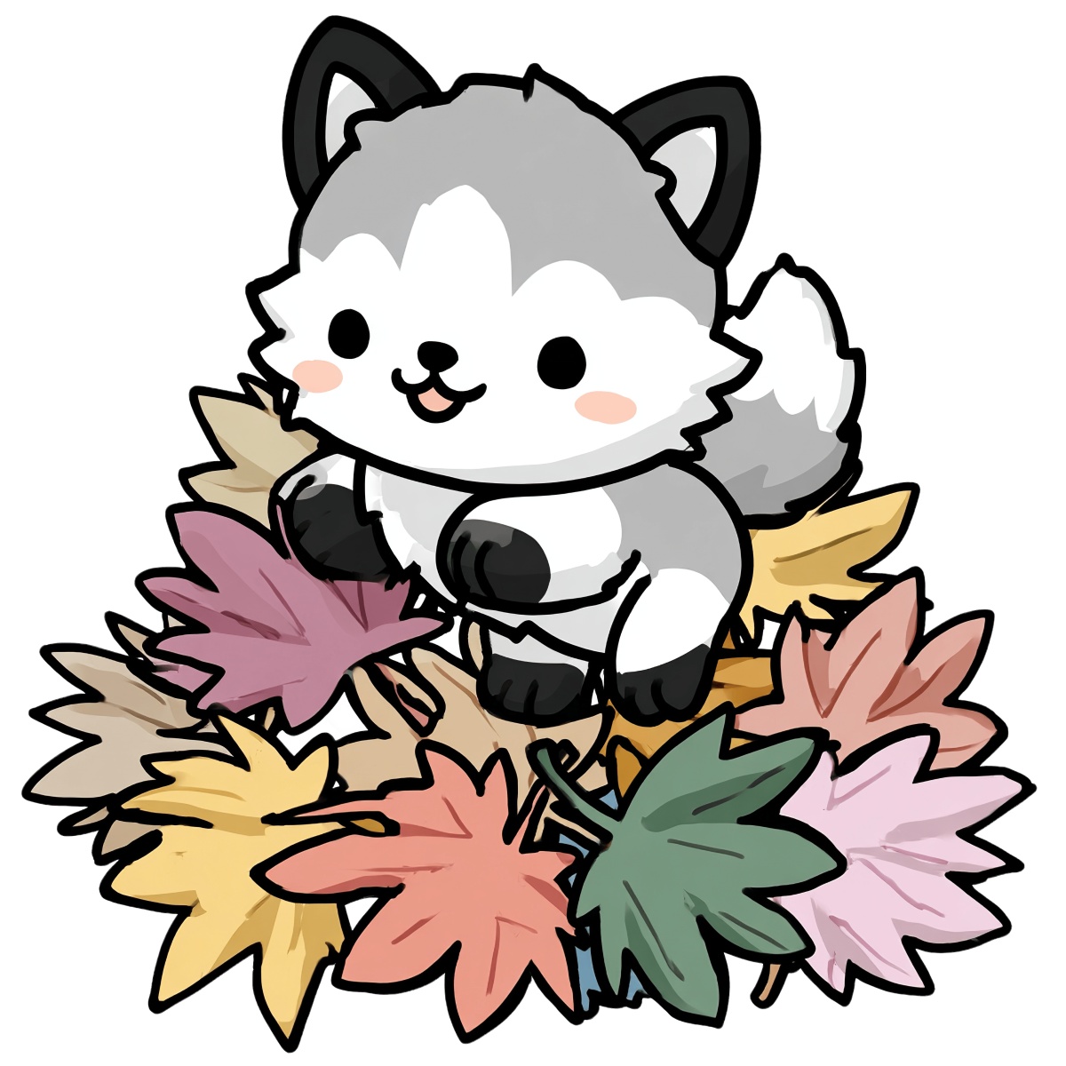 Cartoon husky puppy sitting on a pile of colorful autumn leaves.