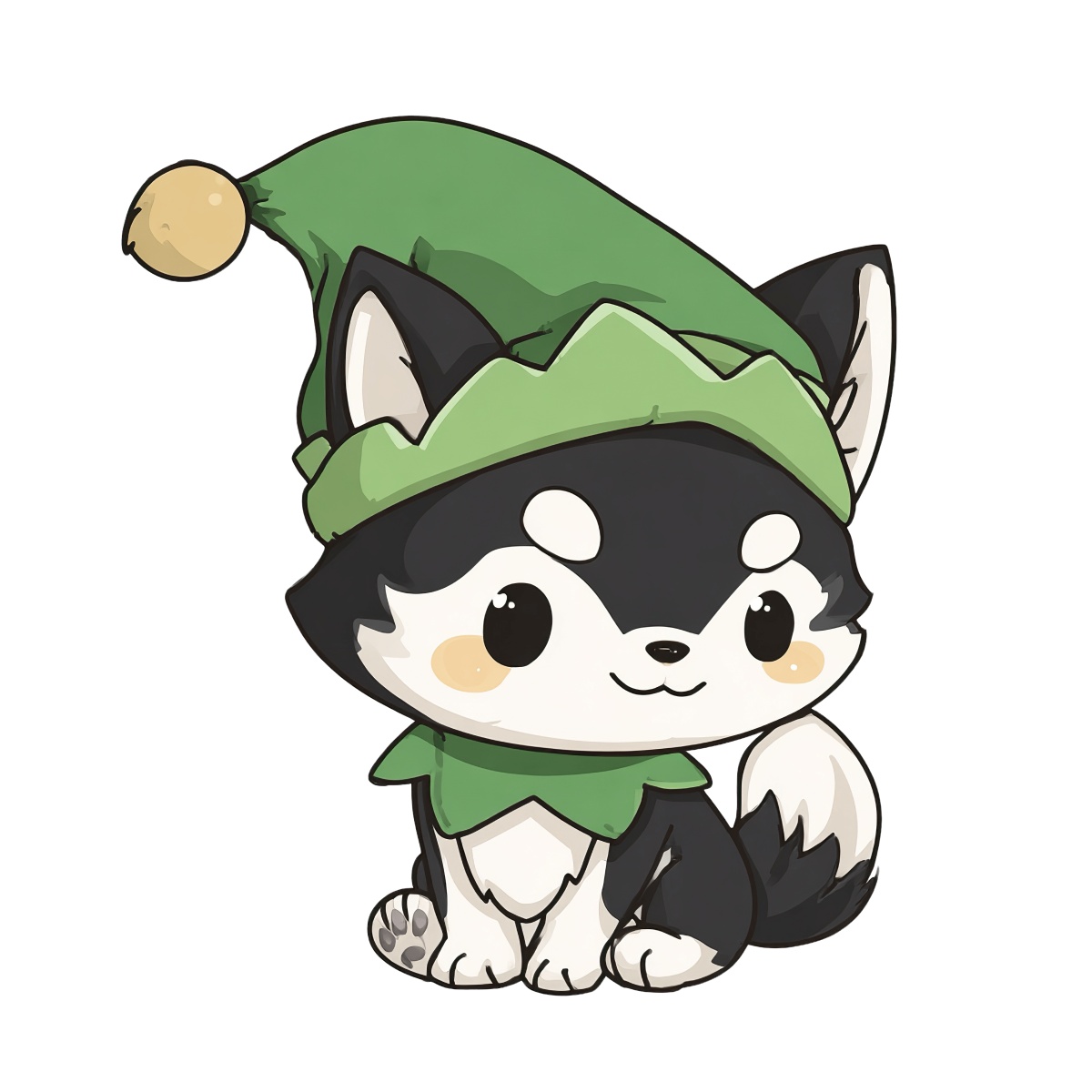 Cartoon husky dog with green elf hat in vector style.