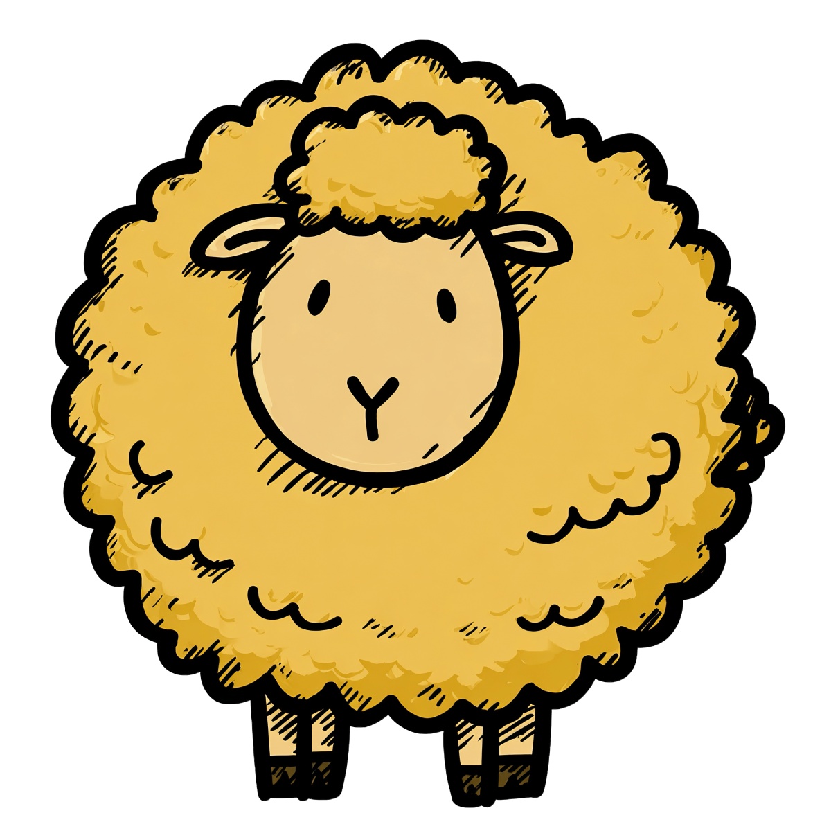 Cartoon yellow woolly sheep with simple features and bold lines.