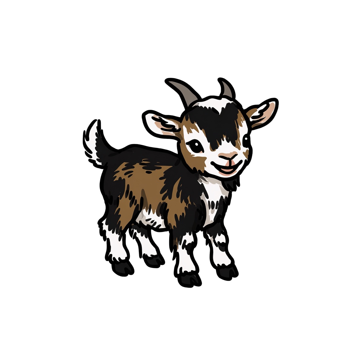 Cartoon image of a brown goat standing, with black outlines.