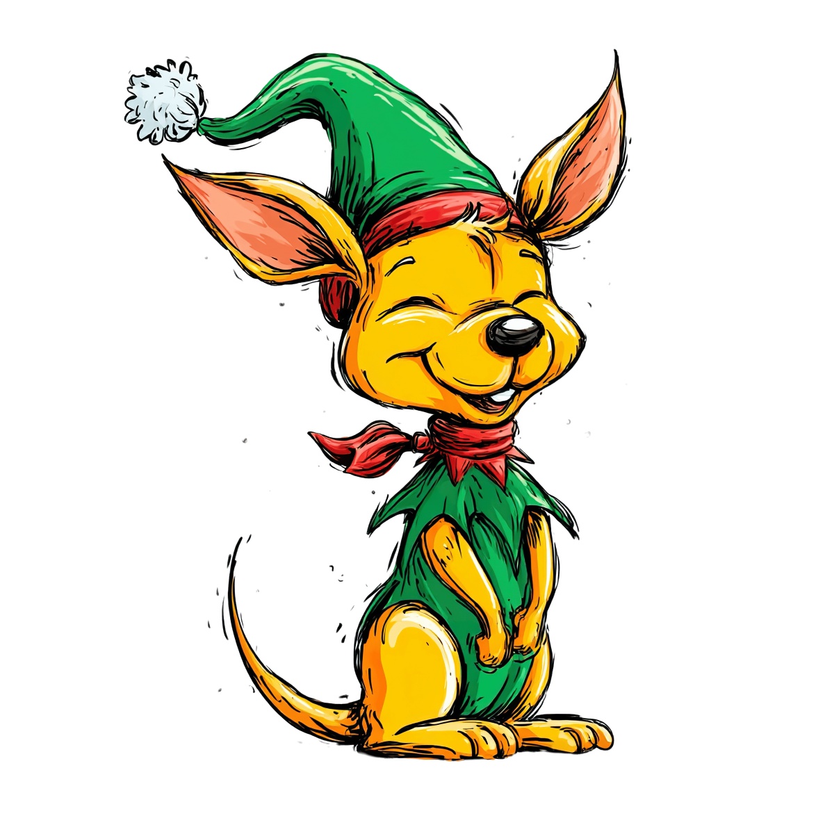 Cartoon kangaroo with a green elf hat and red scarf standing upright.