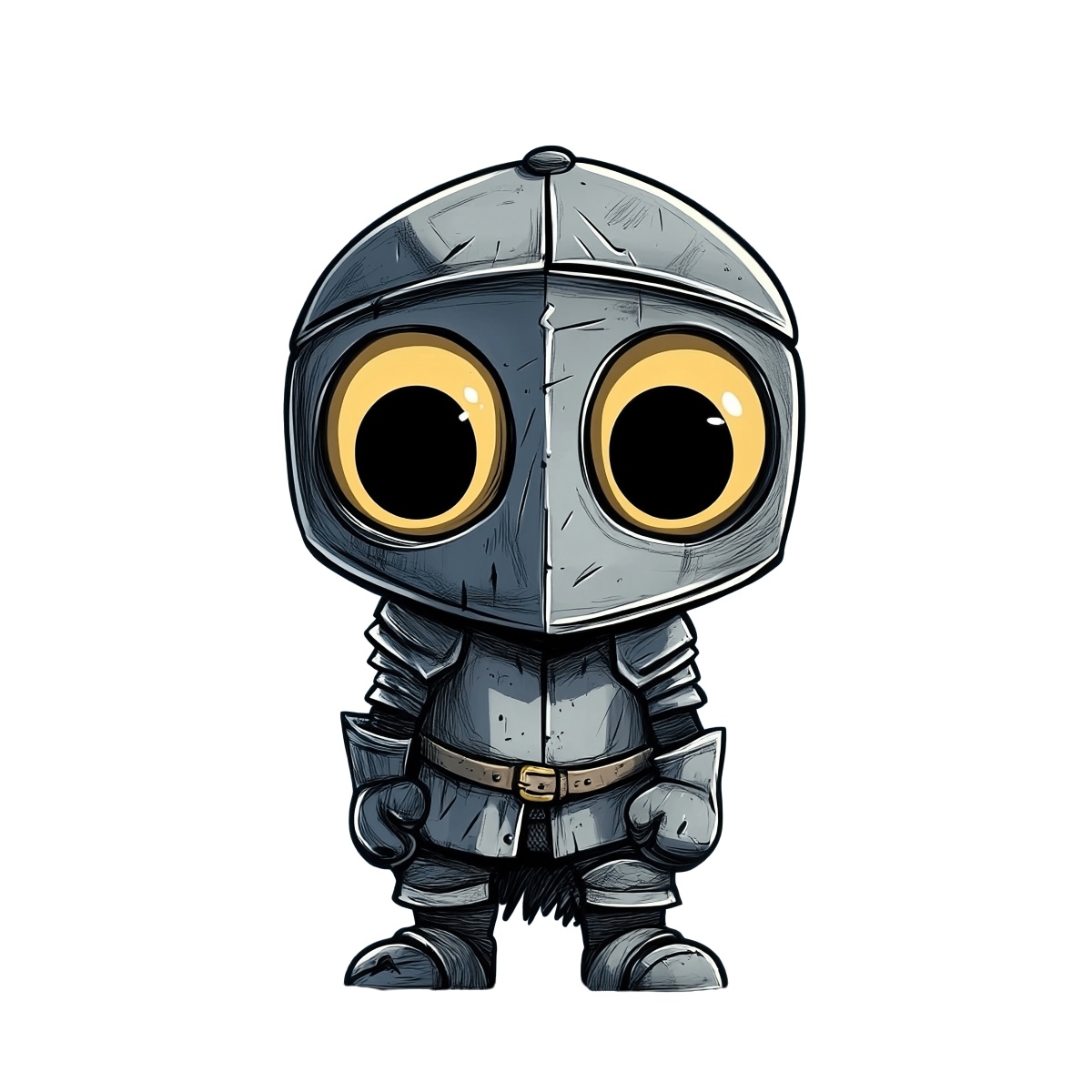 Cartoon knight character in full armor with large eyes and detailed design.