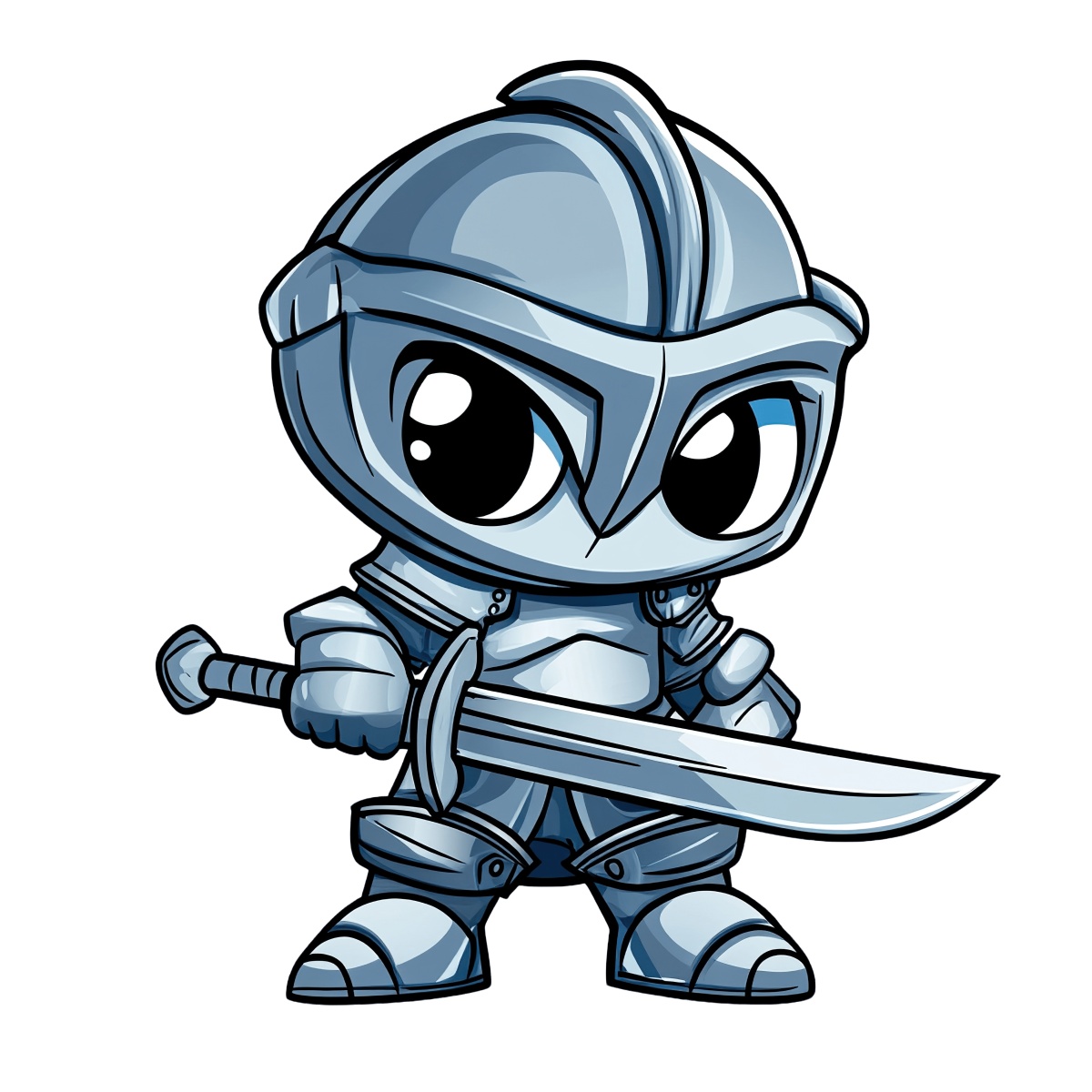 Cartoon knight in armor holding a sword with a confident stance.