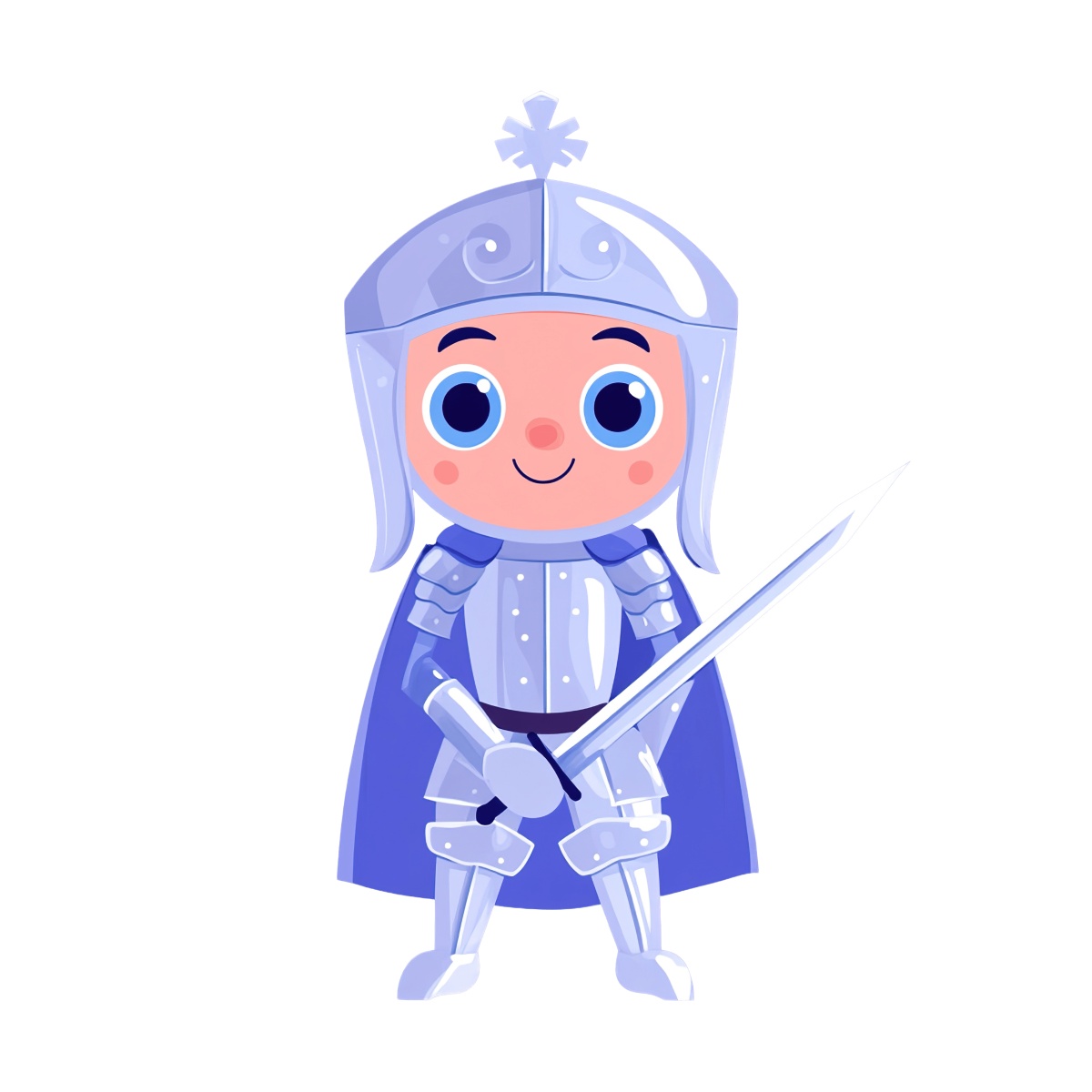 Cartoon knight in silver armor holding a sword and smiling.