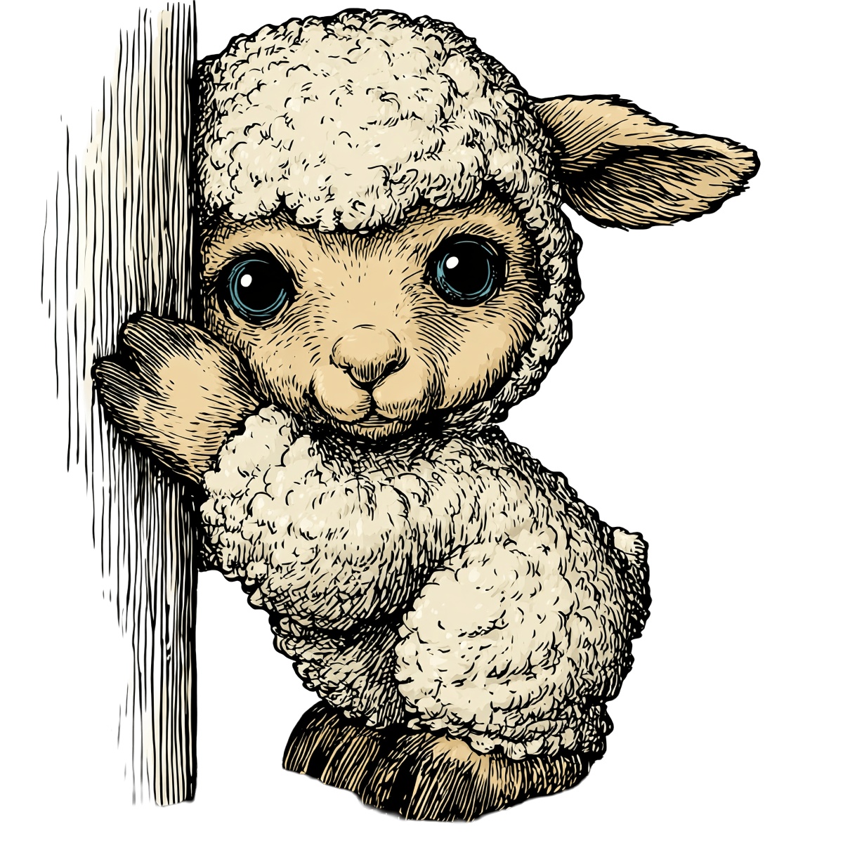 Cartoon lamb peeking from behind a wooden fence in clipart style.