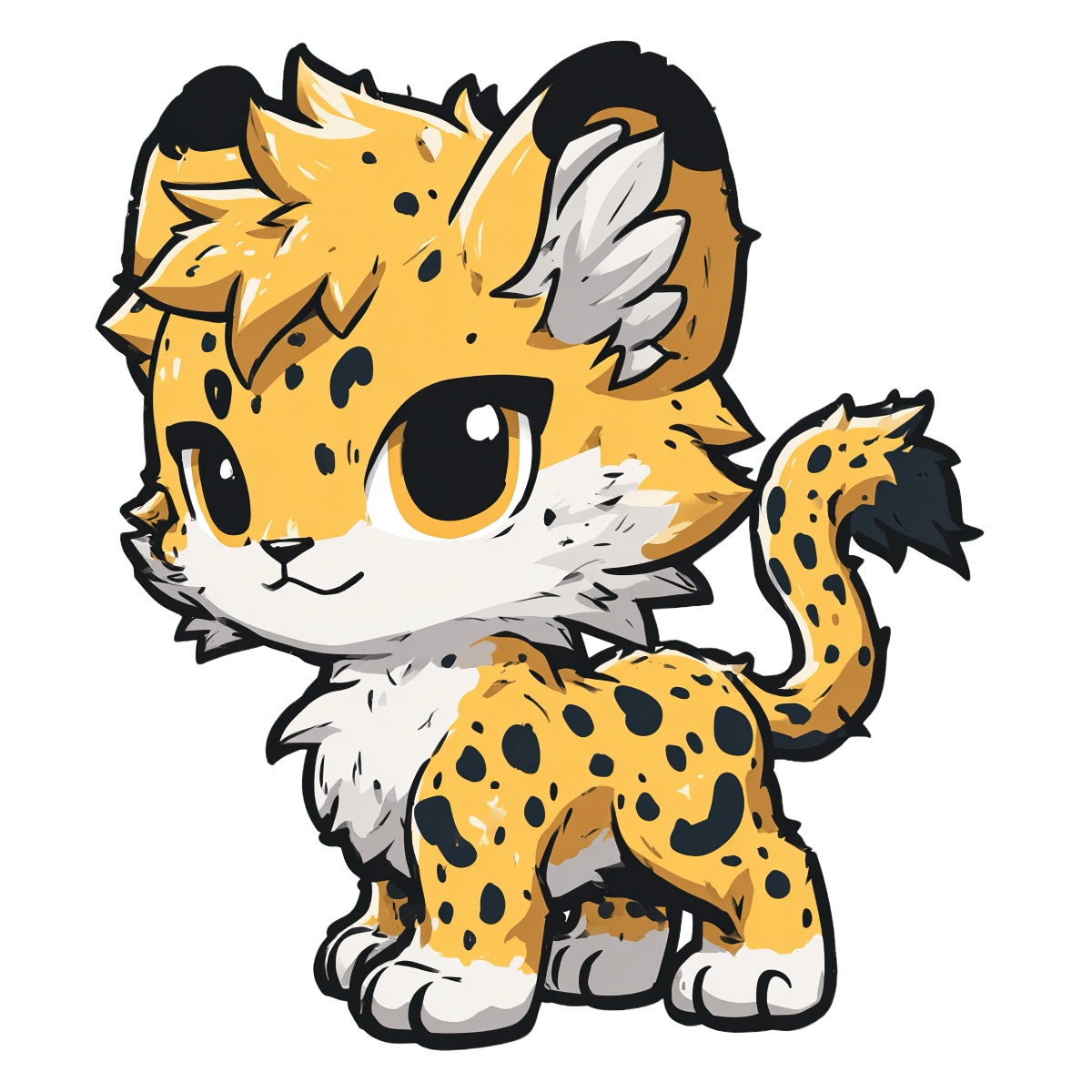 Cartoon leopard with yellow fur and black spots, big eyes, and fluffy tail in clipart style.