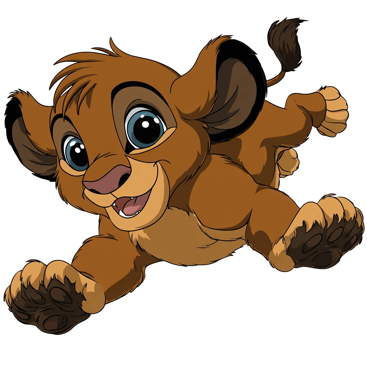 Cartoon lion cub with big eyes leaping forward.