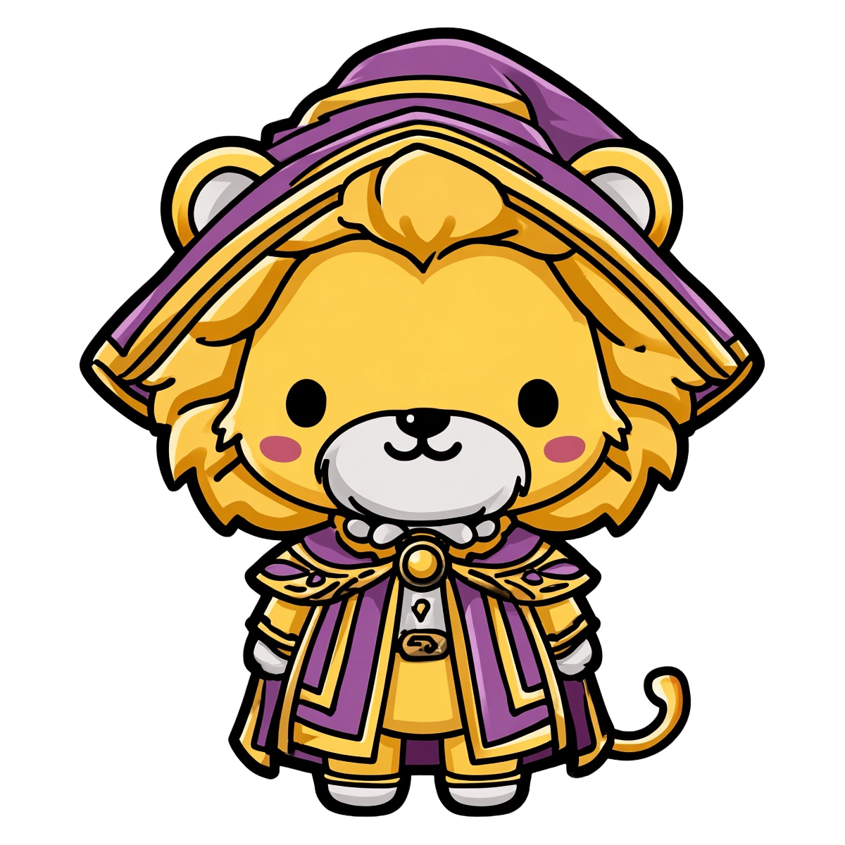 Cartoon lion wearing a regal purple and gold robe with large mane.