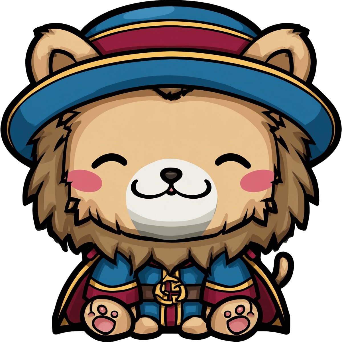 Cartoon lion wearing a blue hat and colorful outfit sitting.