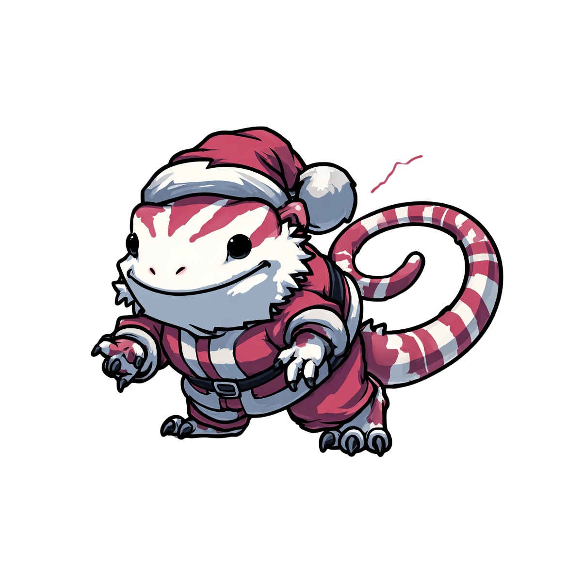 Cartoon lizard wearing Santa outfit with red and white stripes.