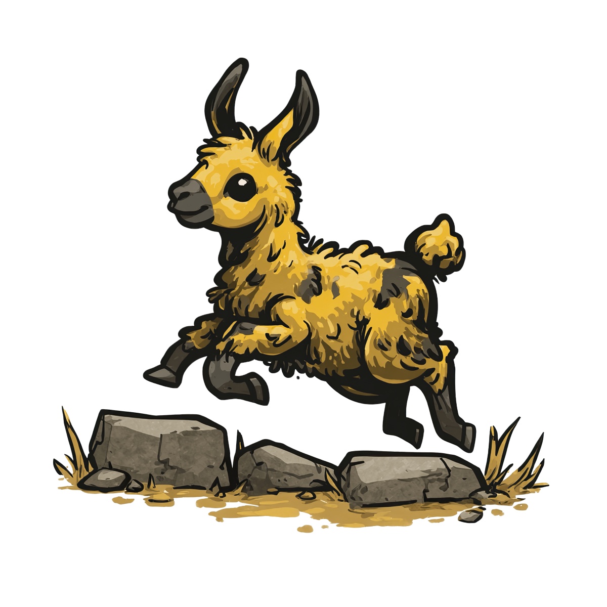 Cartoon llama jumping over rocks, yellow and black color scheme.