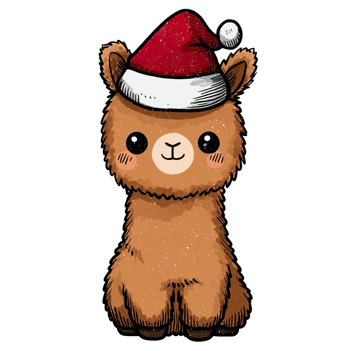 Cartoon llama wearing a Santa hat in a front view illustration.