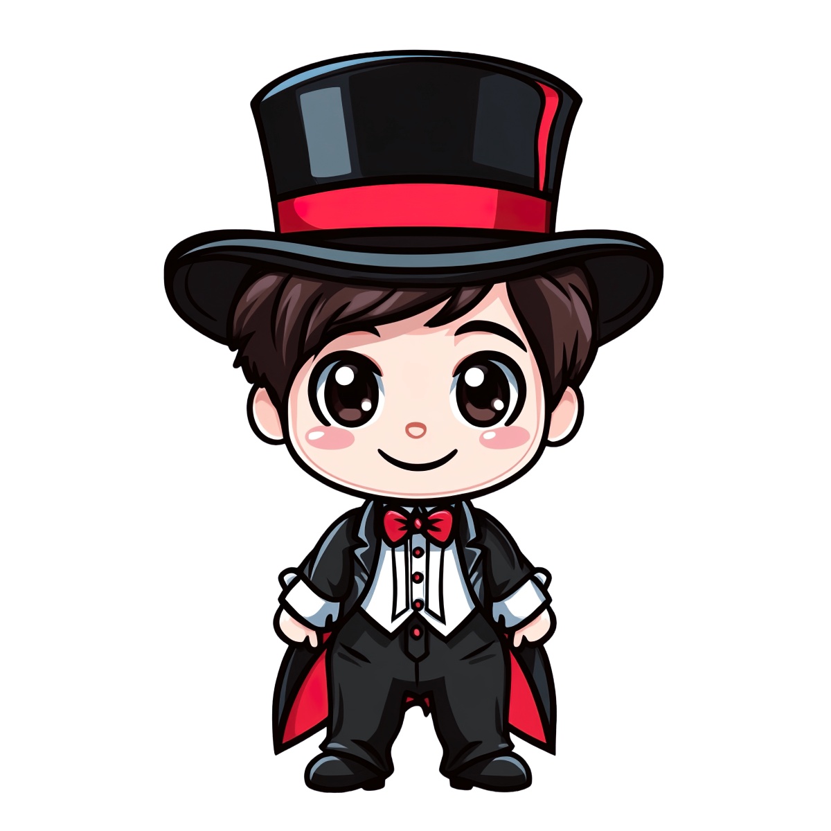 Cartoon magician in a black suit with a top hat and red bow tie.