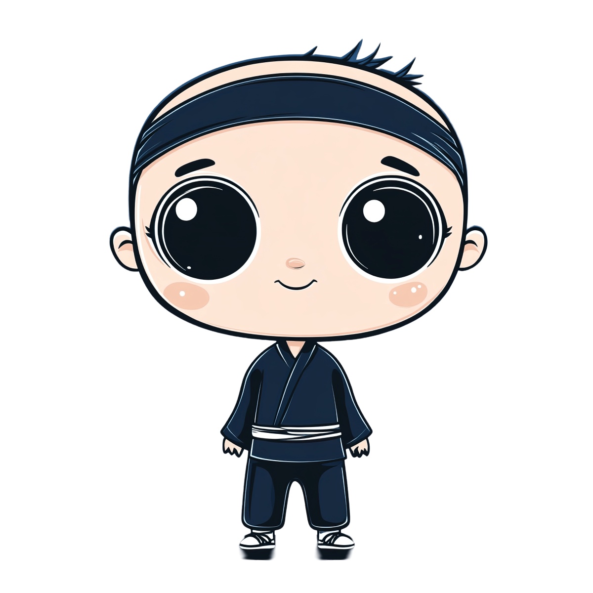 Cartoon martial artist character in a black uniform with a headband.