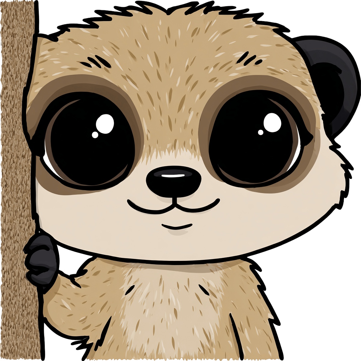 Cartoon meerkat with large eyes standing by a tree.
