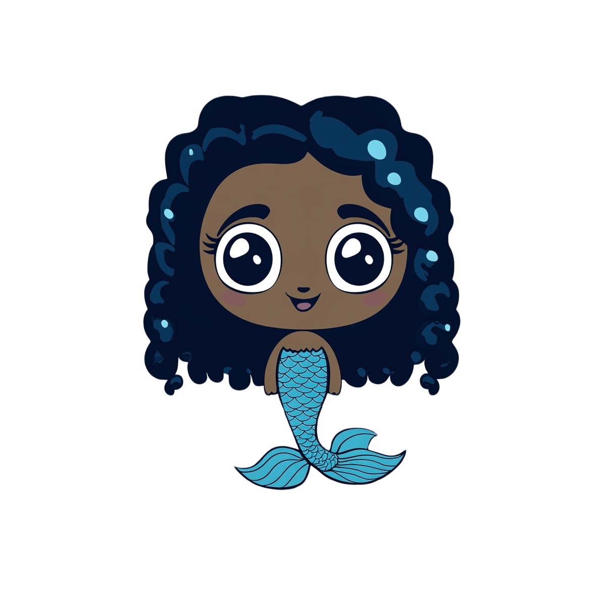 Cartoon mermaid with blue hair and a fish tail.