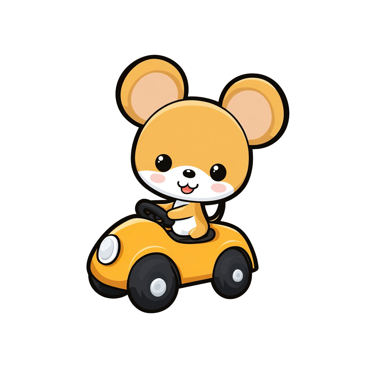 Cartoon mouse driving a small yellow toy car with large ears.