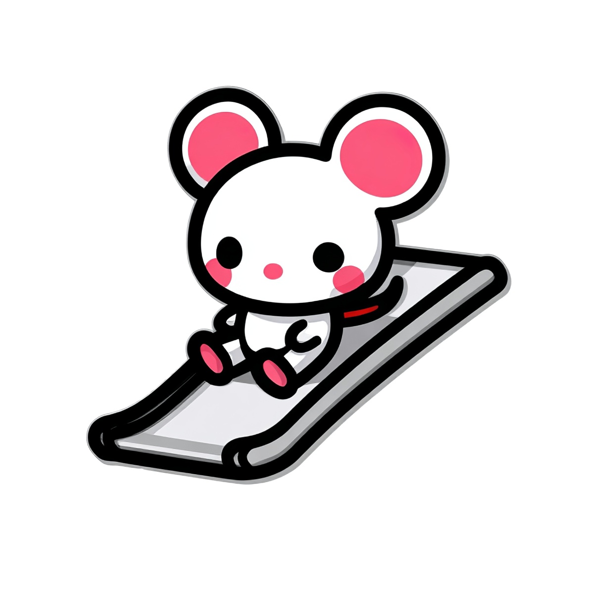 Cartoon mouse with pink ears sliding down a playground slide.