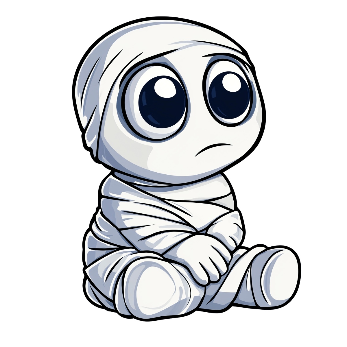 Cartoon mummy character with large eyes wrapped in white bandages sitting down.