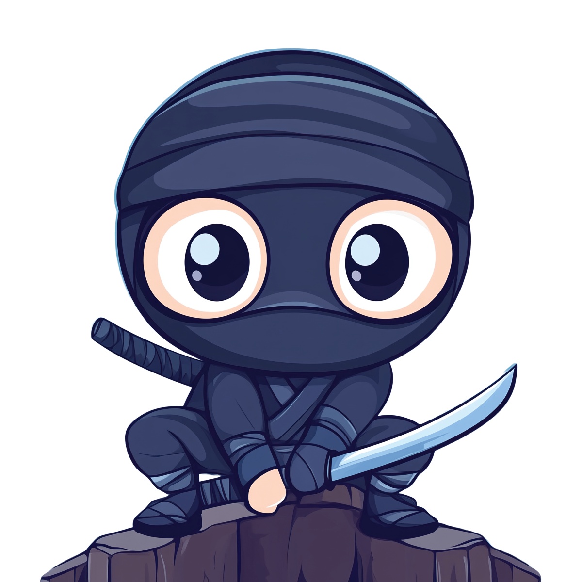 Cartoon ninja character crouching on a rock holding a sword.