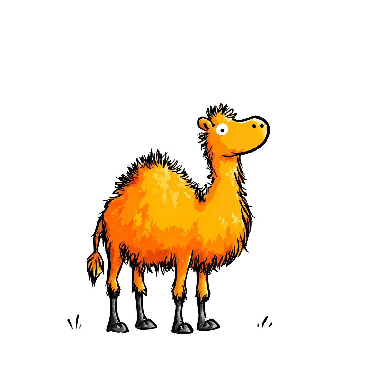 Cartoon image of an orange camel with two humps and black hooves.