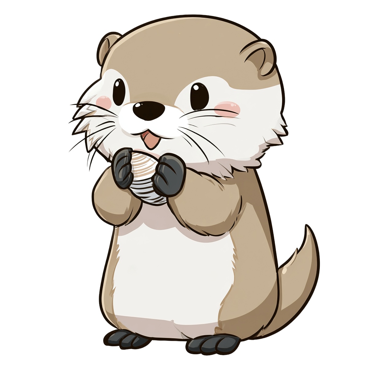 Cartoon otter with brown fur holding a shell in its paws.